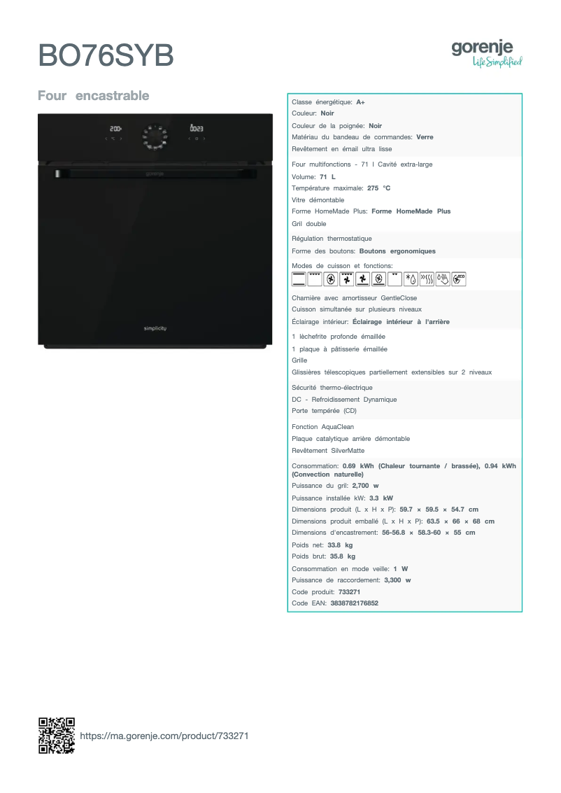 Página 1 del manual Ficha técnica Gorenje BO76SYB