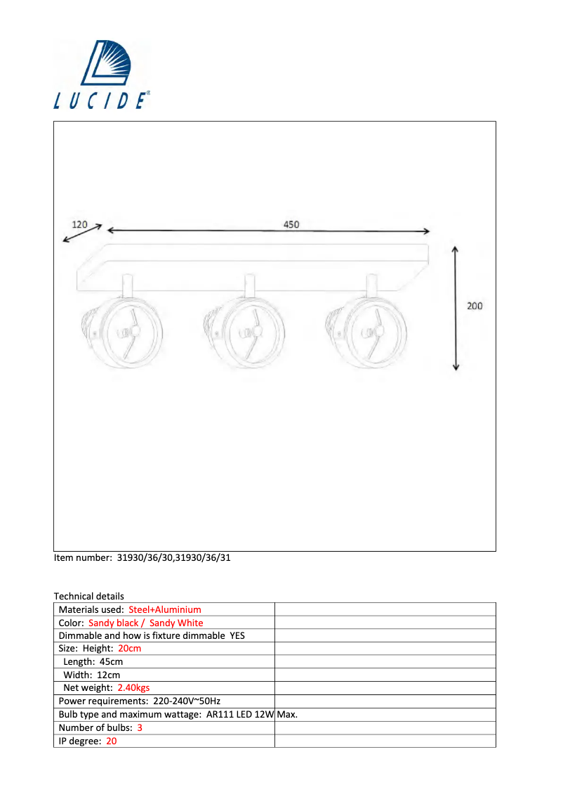 Imagen de la primera página del manual del dispositivo Tala led 31930/36/30