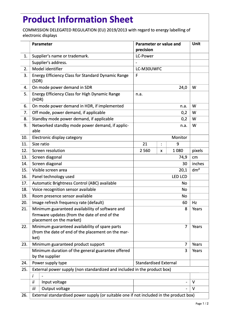 Imagen de la primera página del manual del dispositivo LC-M30UWFC