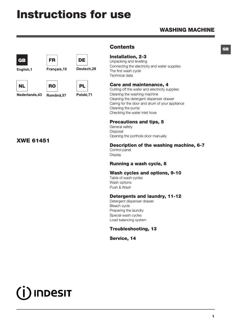 Página 1 del manual Manual de usuario Indesit XWE61451WEU