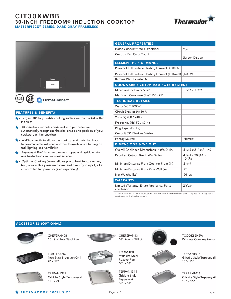 Página 1 del manual Ficha técnica Thermador CIT30XWBB