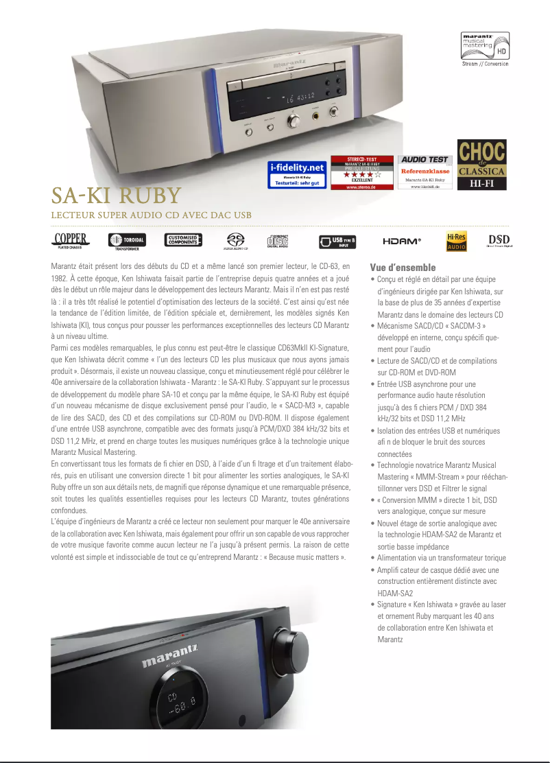 Página 1 del manual Ficha técnica Marantz SA-KI RUBY