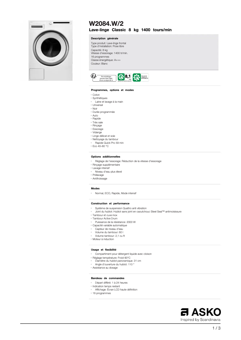 Página 1 del manual Ficha técnica Asko W2084W2