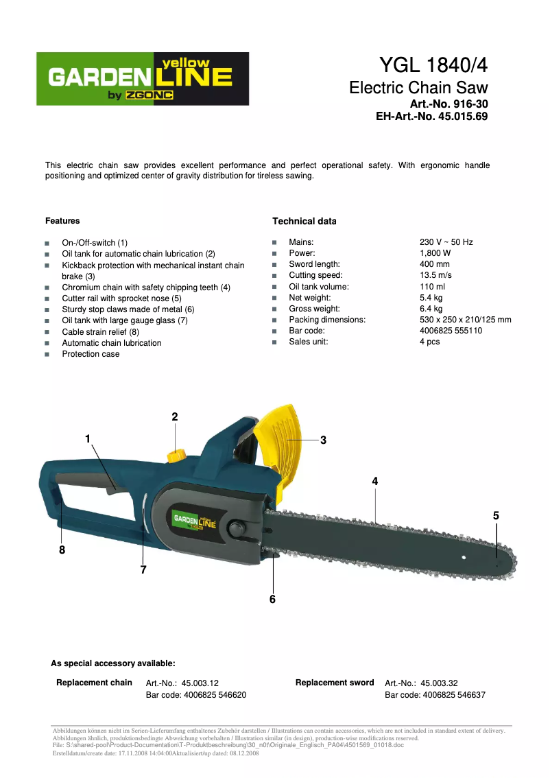 Página 1 del manual Manual de usuario Yellow Garden Line YGL 1840/4