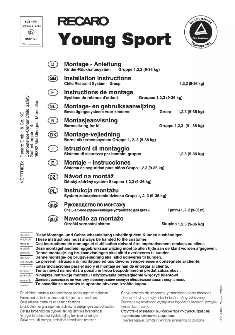 Página 1 del manual Manual de usuario Recaro Young Sport