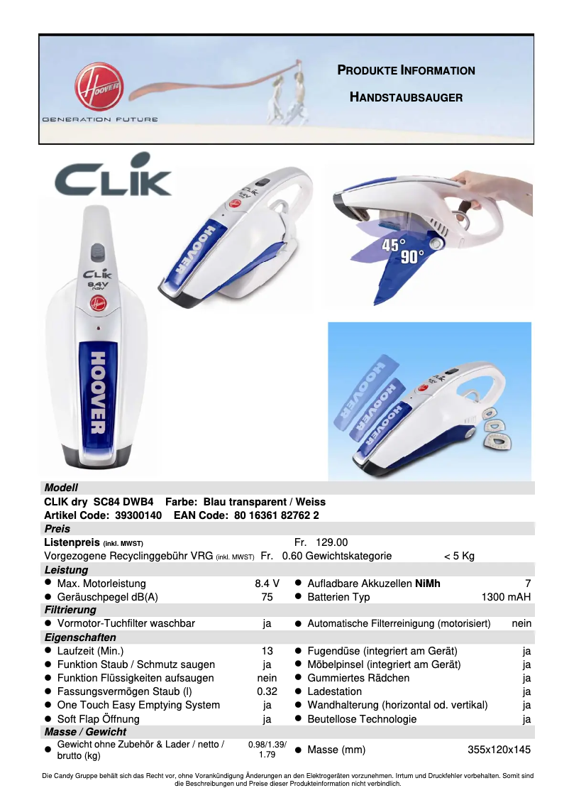 Página 1 del manual Manual de usuario Hoover SC84 DWB4