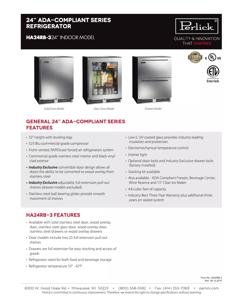 Página nº 1 - Ficha técnica Perlick HA24RB-3-1R