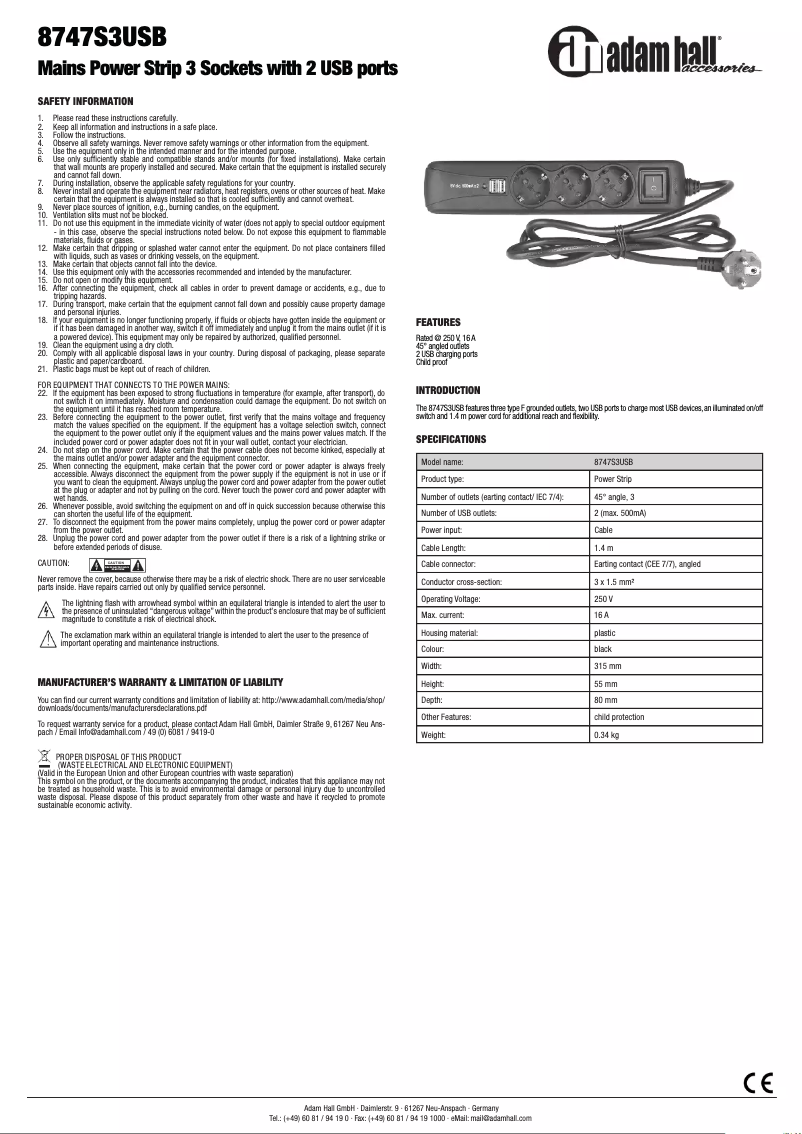 Página 1 del manual Manual de usuario Adam Hall 8747S3USB