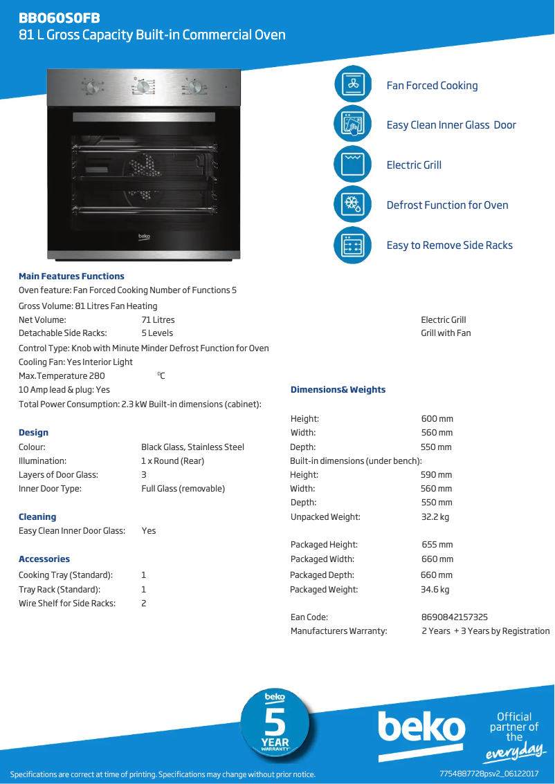 Página 1 del manual Ficha técnica Beko BBO60S0FB