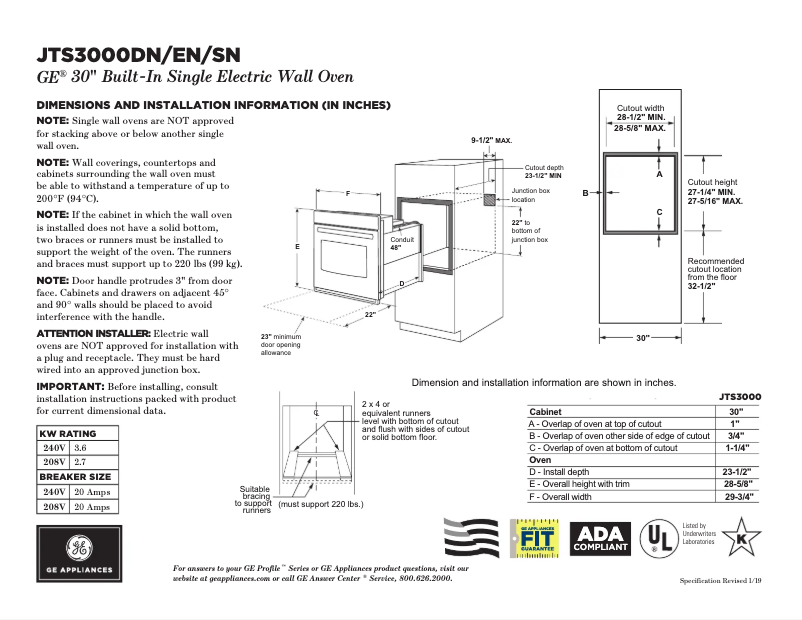 Página 1 del manual Ficha técnica GE JTS3000ENES