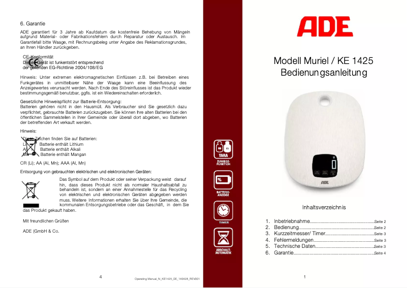 Imagen de la primera página del manual del dispositivo Muriel KE 1425