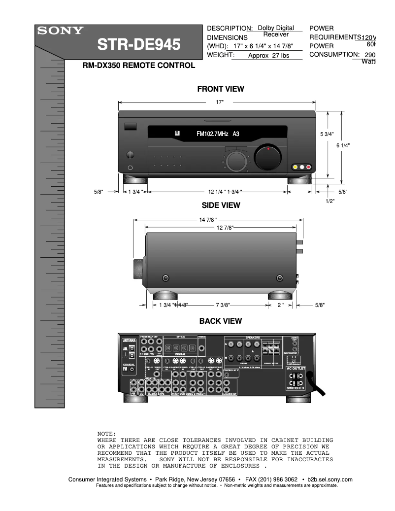 Imagen de la primera página del manual del dispositivo STR-DE945