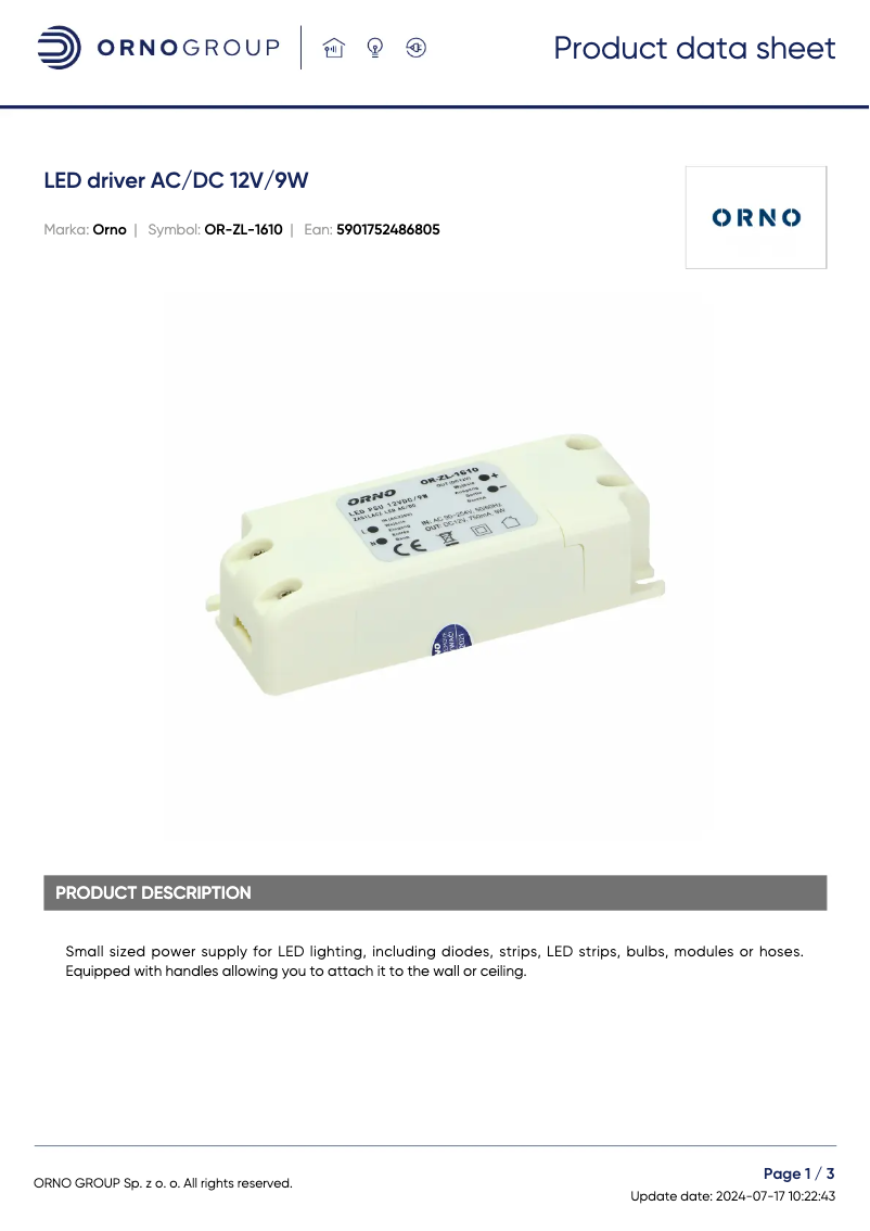 Página 1 del manual Ficha técnica ORNO OR-ZL-1610