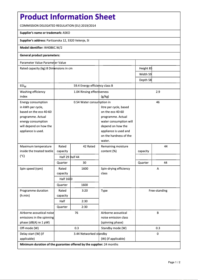 Página 1 del manual Ficha técnica Asko W4086C.W