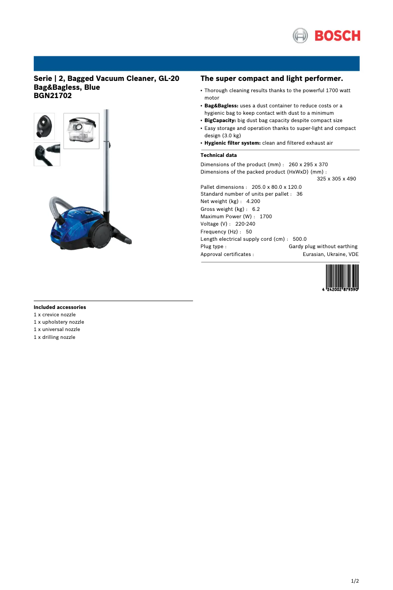 Página 1 del manual Ficha técnica Bosch BGN21702