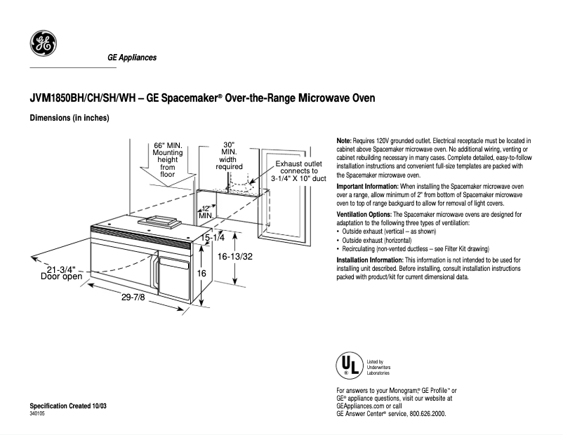 Página 1 del manual Ficha técnica GE JVM1850CH