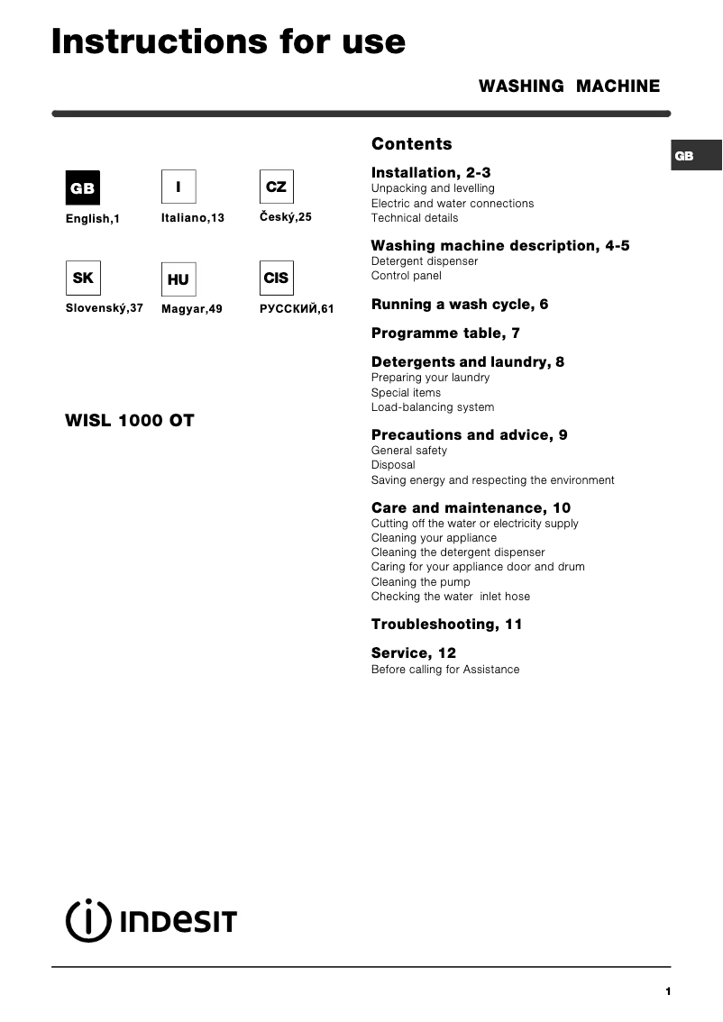 Página 1 del manual Manual de usuario Indesit WISL 1000 OT