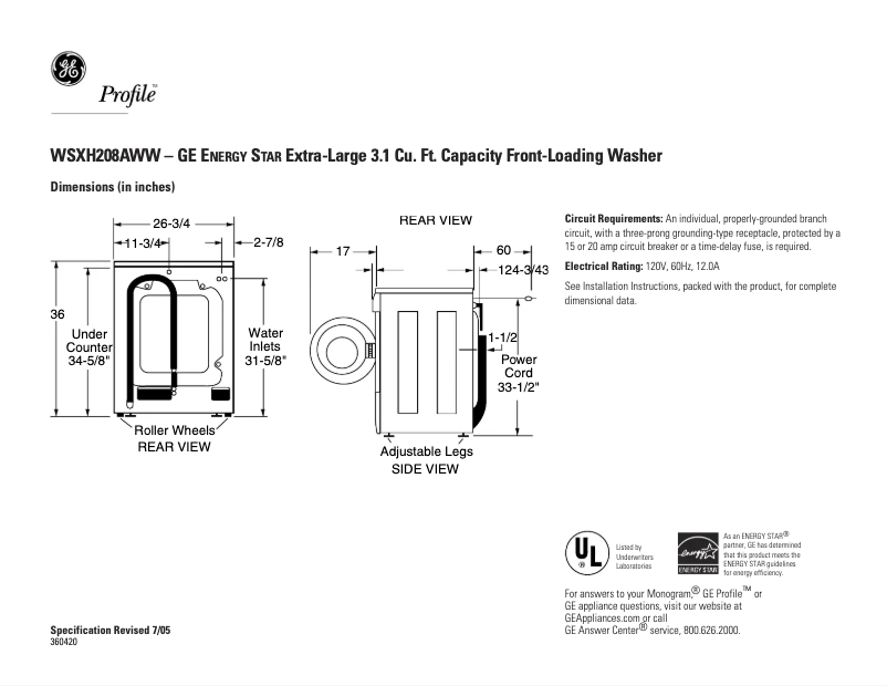 Página 1 del manual Ficha técnica GE WSXH208AWW