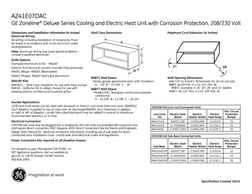 Página 1 del manual Ficha técnica GE AZ41E07DAC