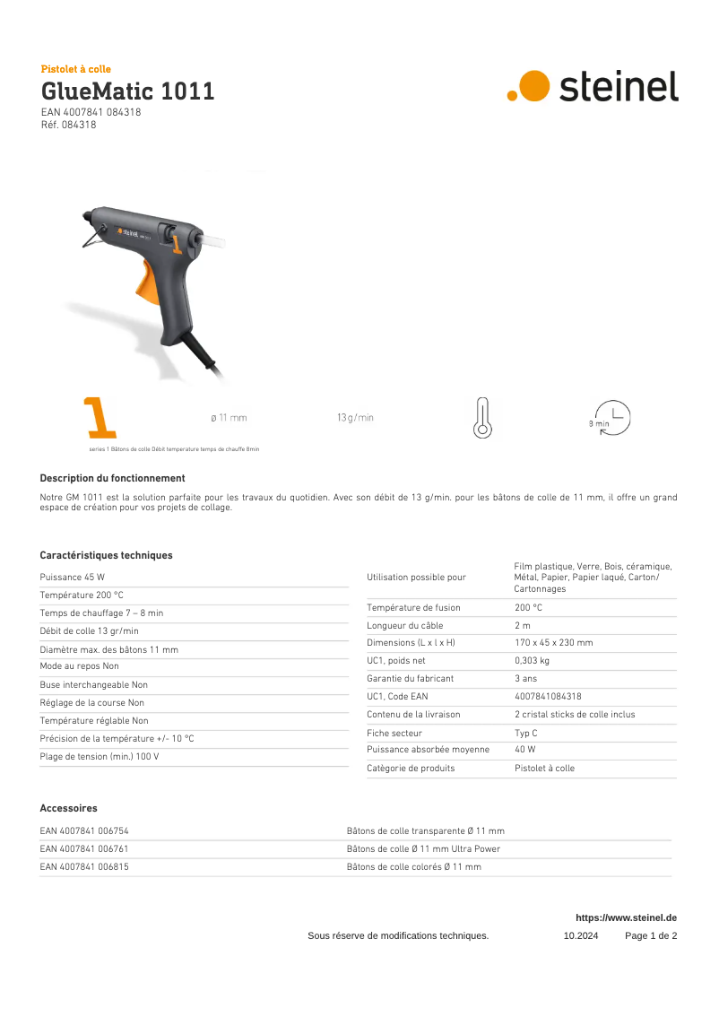 Página 1 del manual Ficha técnica Steinel GlueMatic 1011