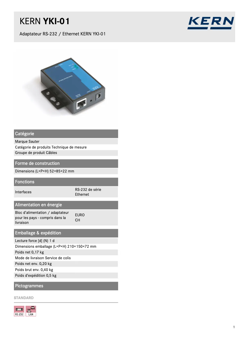Página 1 del manual Ficha técnica Kern YKI-01