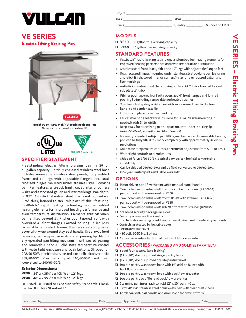 Página 1 del manual Ficha técnica Vulcan VE40