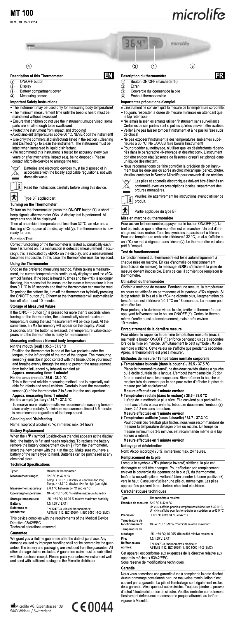 Página 1 del manual Manual de usuario Microlife MT 100