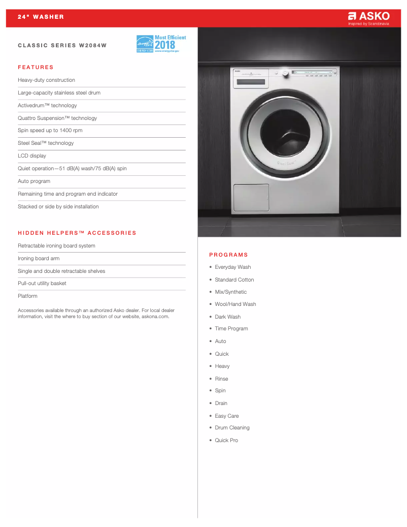 Página 1 del manual Ficha técnica Asko W2084W