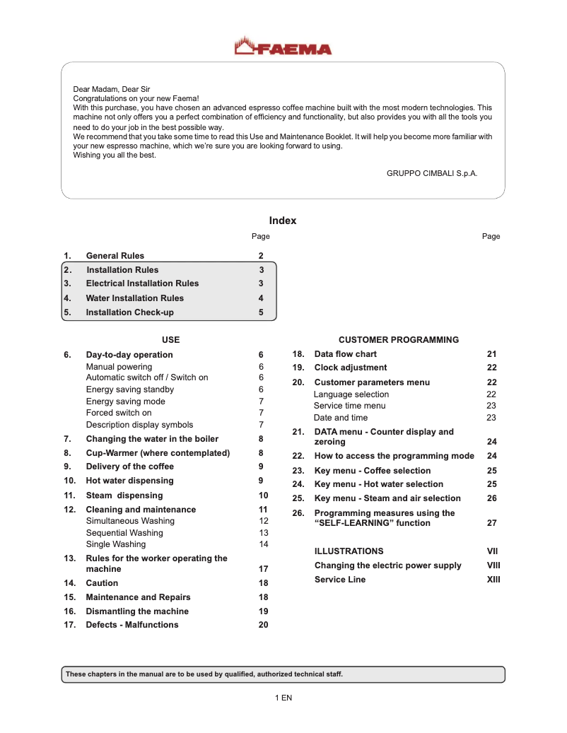 Página 1 del manual Manual de usuario Faema Teorema
