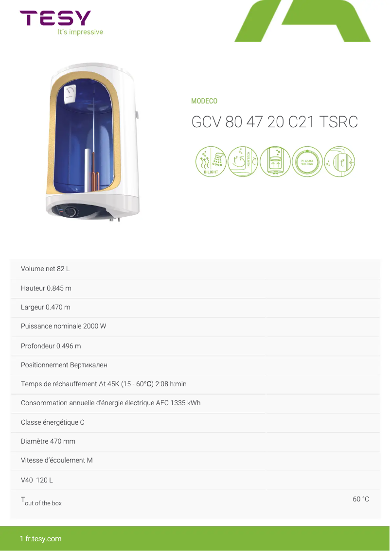 Página 1 del manual Ficha técnica Tesy ModEco 80