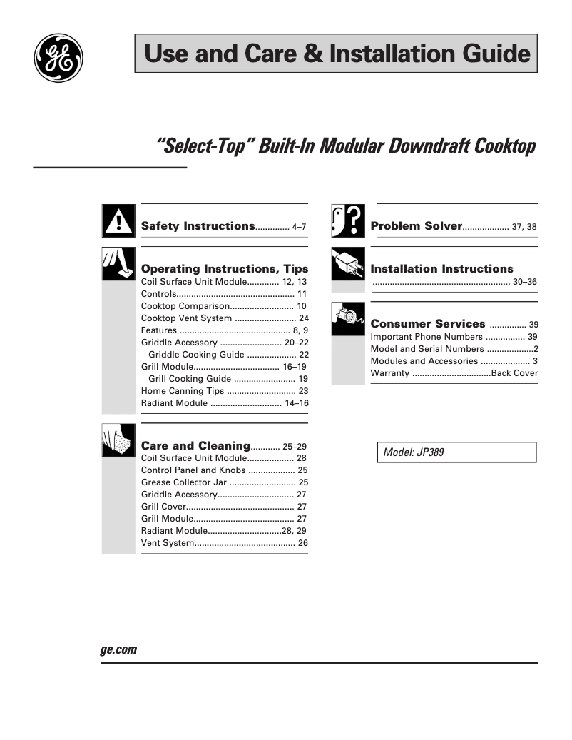 Página 1 del manual Manual de uso y mantenimiento GE Select-Top JP389WJWW
