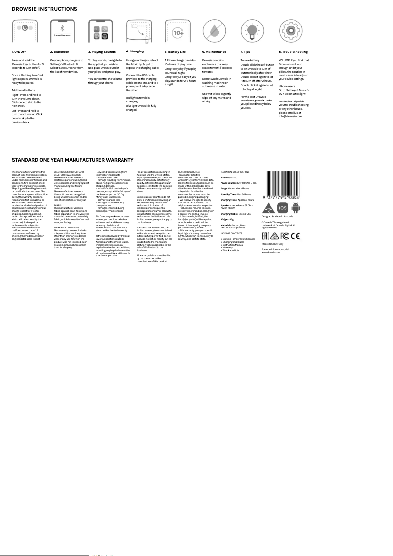 Página 1 del manual Manual de usuario Drowsie Calming Under Pillow Speaker