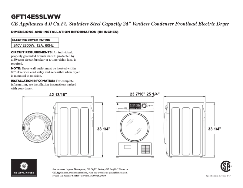 Página 1 del manual Ficha técnica GE GFT14ESSLWW