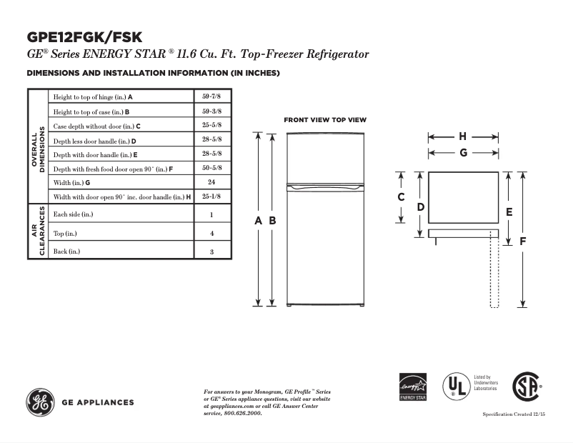 Página 1 del manual Ficha técnica GE GPE12FGKWW