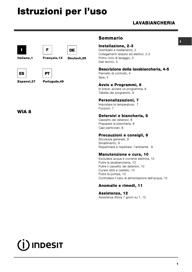 Página 1 del manual Manual de usuario Indesit WIA 8 (EU)