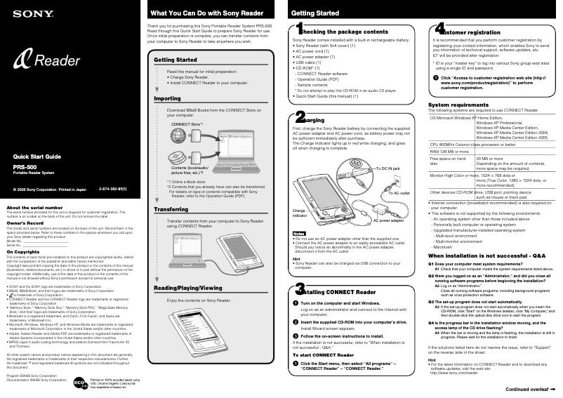 Imagen de la primera página del manual del dispositivo Reader PRS-500