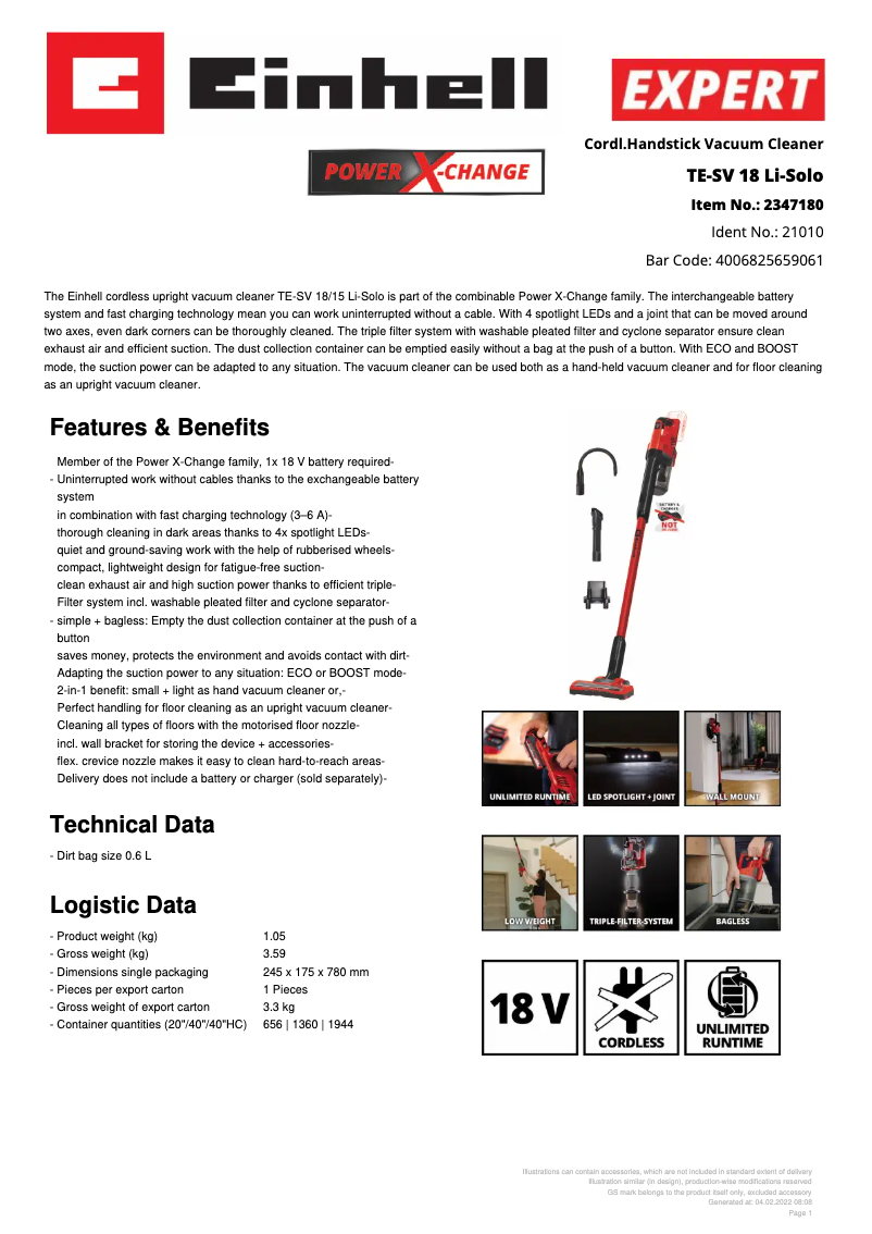 Página 1 del manual Ficha técnica Einhell TE-SV 18 Li