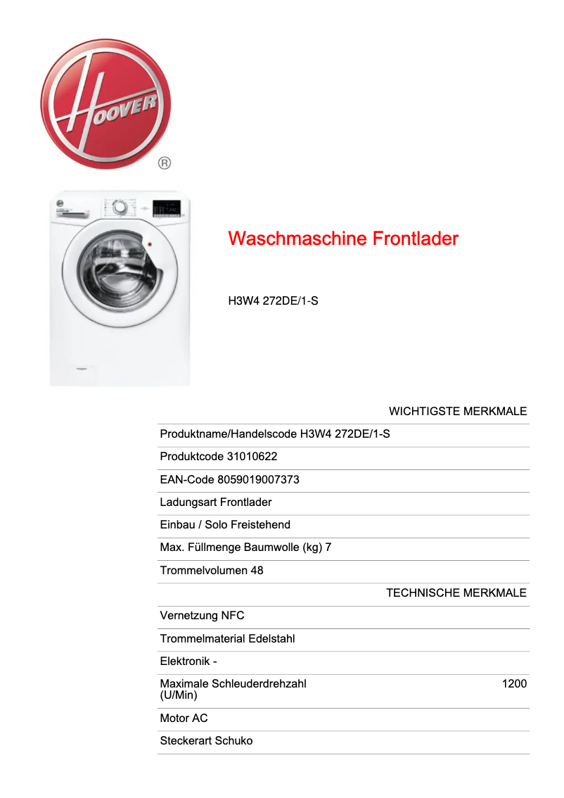 Página 1 del manual Ficha técnica Hoover H3W4 272DE/1-S