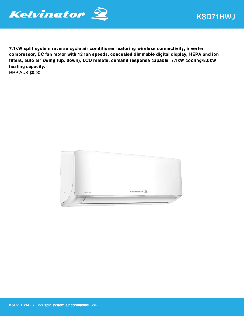 Página 1 del manual Ficha técnica Kelvinator KSD71HWJ