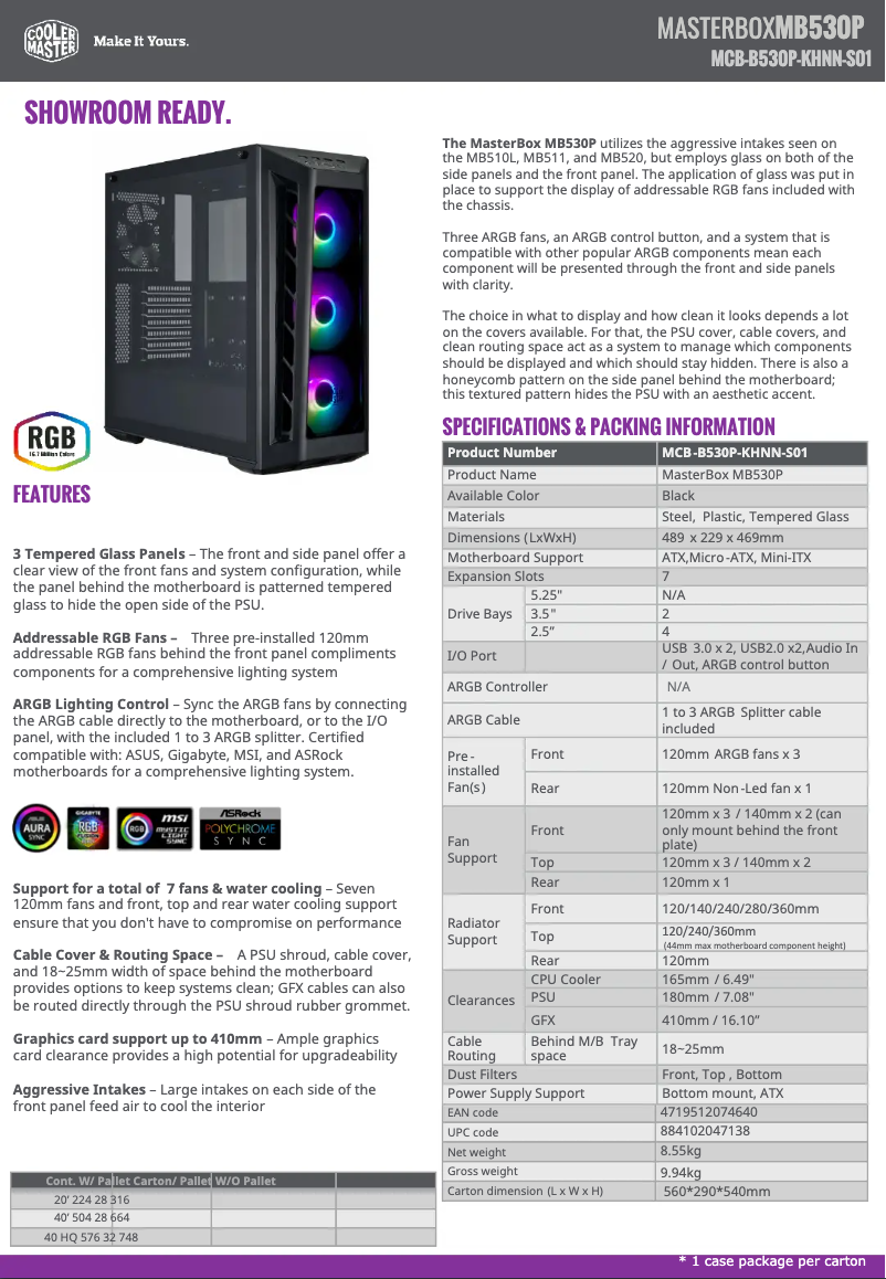 Página 1 del manual Ficha técnica Cooler Master MasterBox MB530P