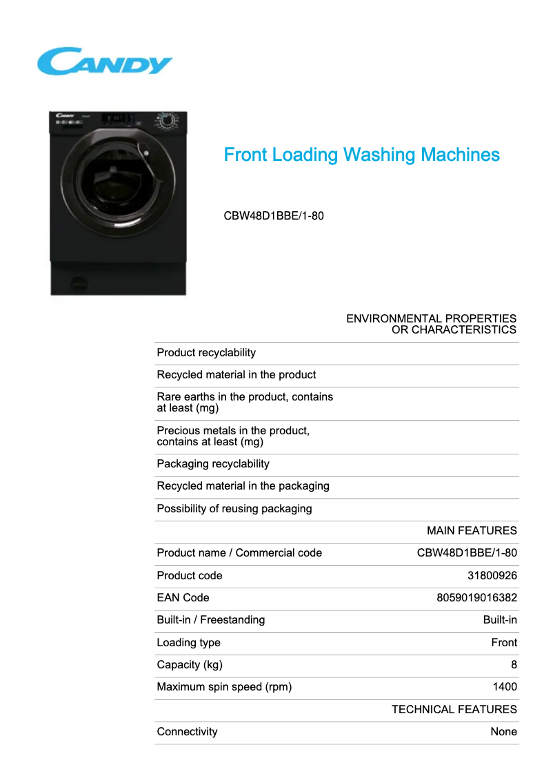 Página 1 del manual Ficha técnica Candy CBW48D1BBE/1-80