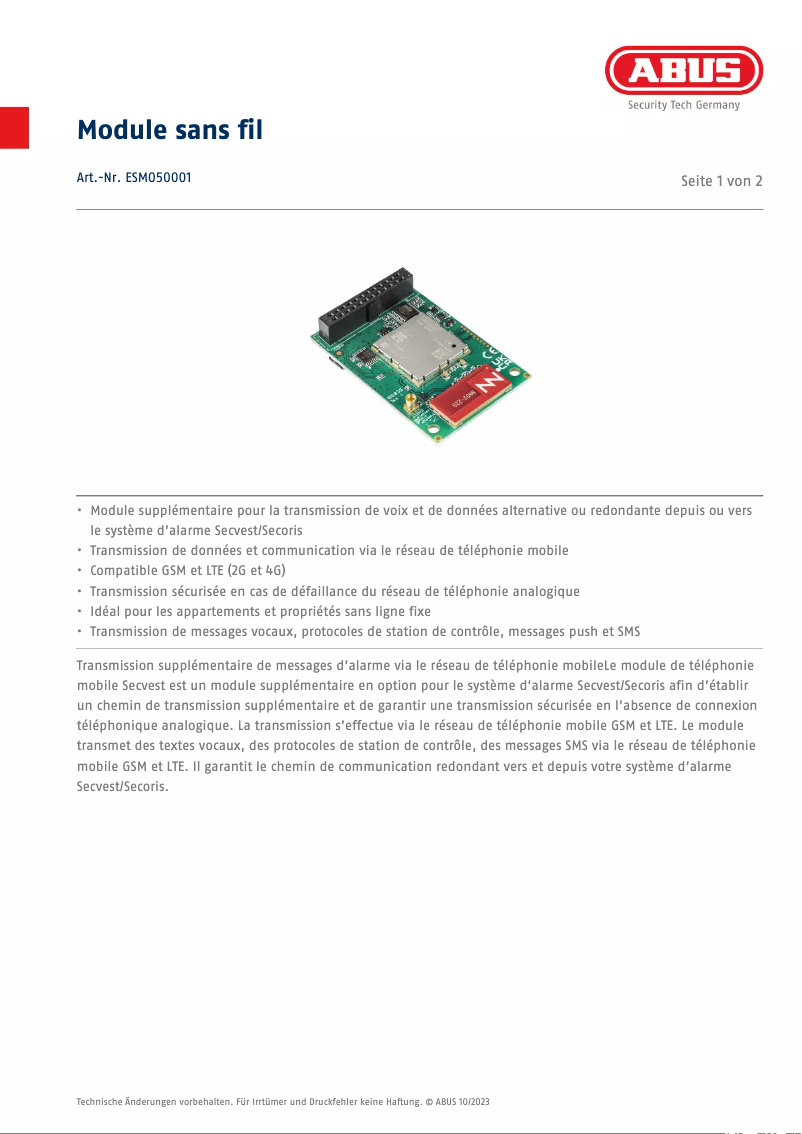 Página 1 del manual Ficha técnica Abus ESMO50001
