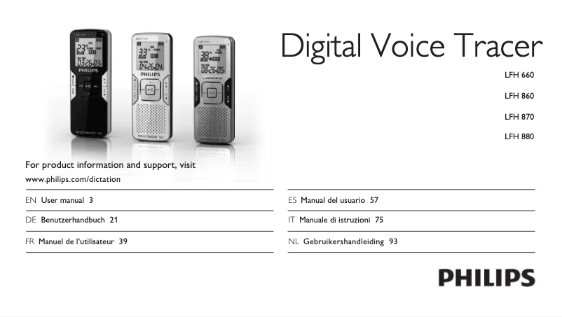 Imagen de la primera página del manual del dispositivo Digital Voice Tracer LFH 870