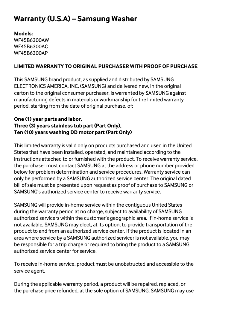 Página 1 del manual Información de garantía Samsung WF45B6300AC
