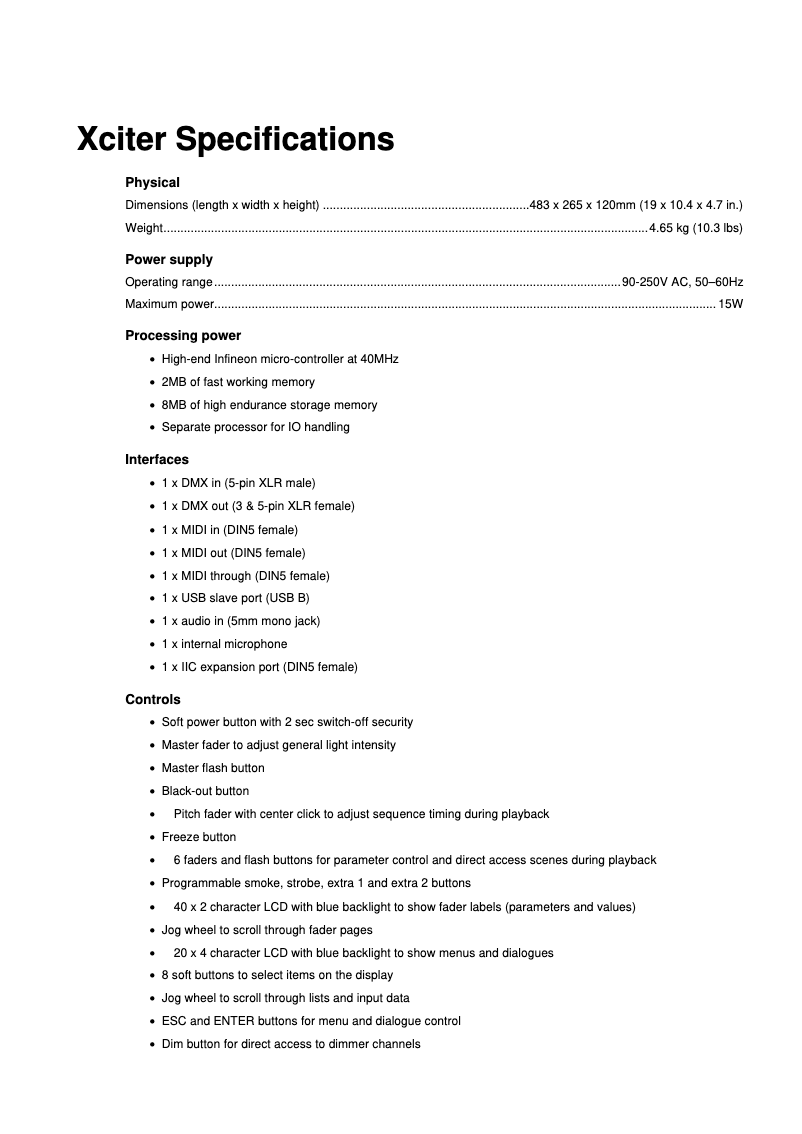 Página 1 del manual Ficha técnica Martin Xciter