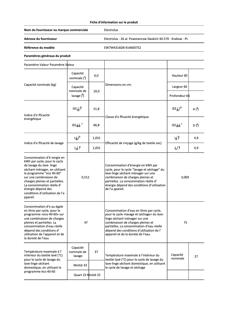 Página 1 del manual Ficha técnica Electrolux EW7W4316DB