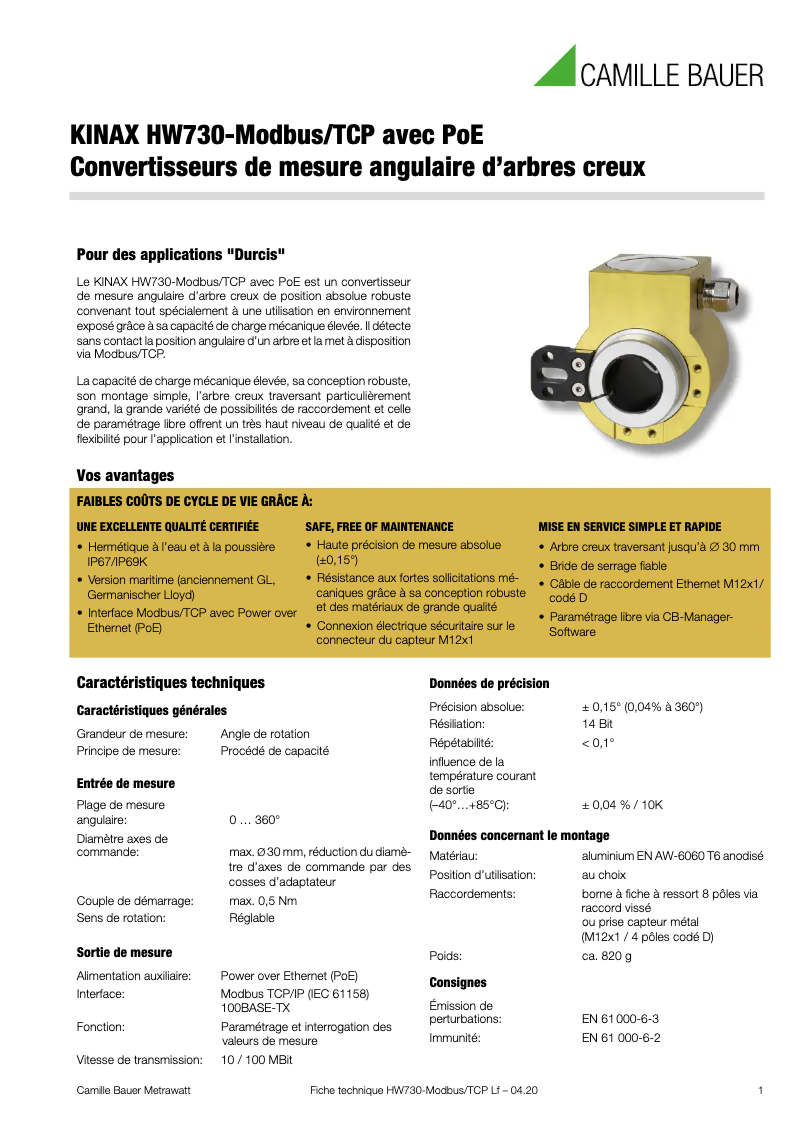 Página nº 1 - Ficha técnica Camille Bauer KINAX HW730-Modbus/TCP