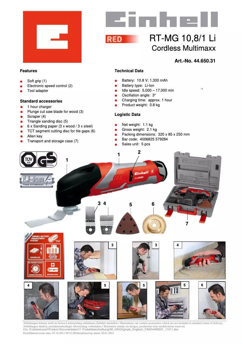 Página 1 del manual Ficha técnica Einhell TE-MG 12 Li