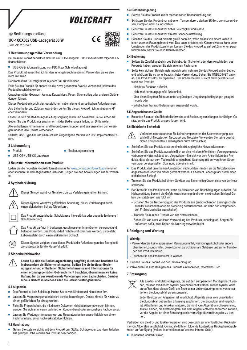 Página 1 del manual Manual de usuario Voltcraft UC-1XCX002