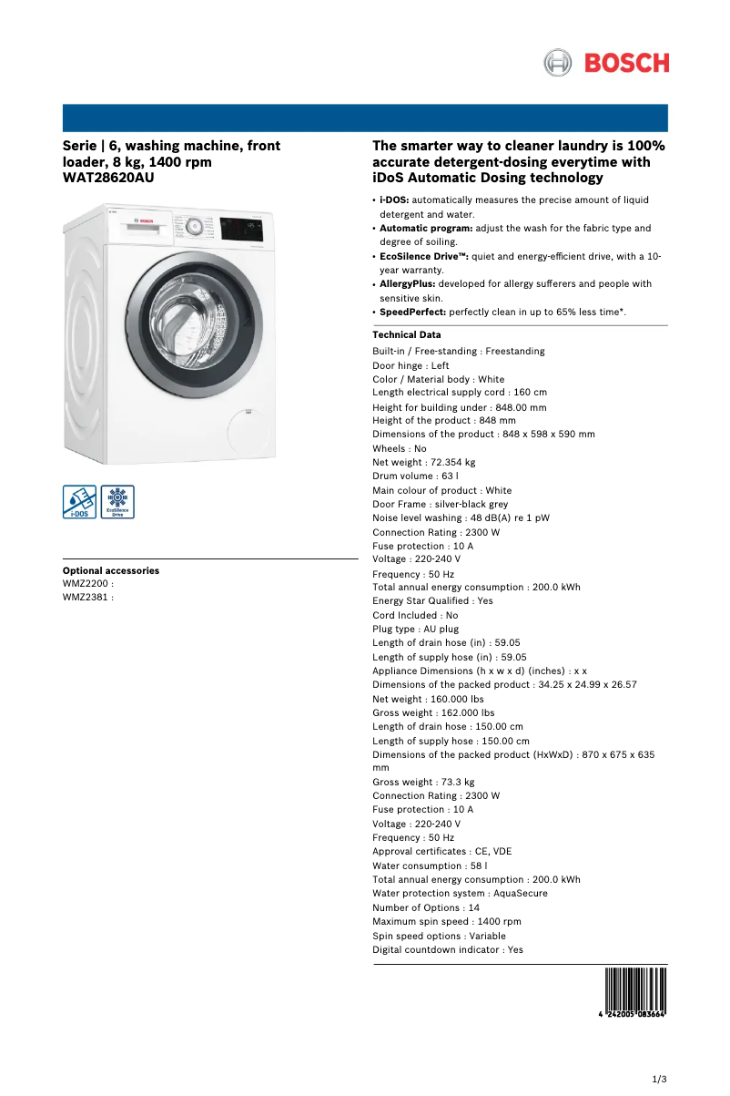 Página nº 1 - Ficha técnica Bosch WAT28620AU